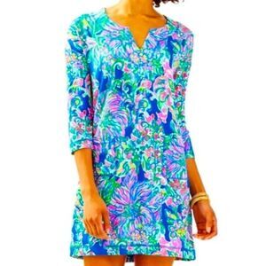 NWT $148 Lilly Pulitzer JOYCE DRESS INDIGO EXOTIC ESCAPADE UPF 50 Pockets Size L